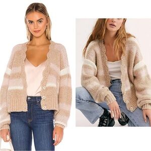 Women's Beige Striped Cardigan Sweater